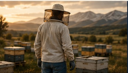 Beekeeper tending hives in Montana